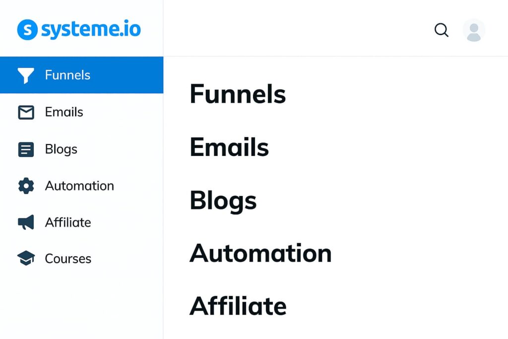 systeme.io dashboard interface showing menu options for Funnels, Emails, Blogs, Automation, Affiliate, and Courses
