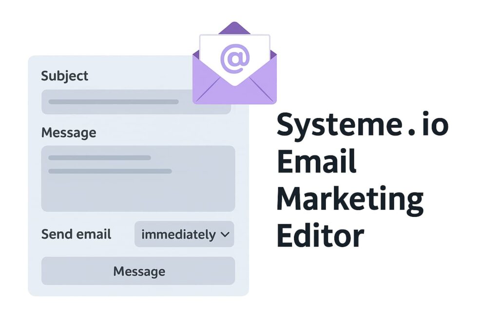 systeme.io email marketing editor showing subject line, message body, and schedule options
