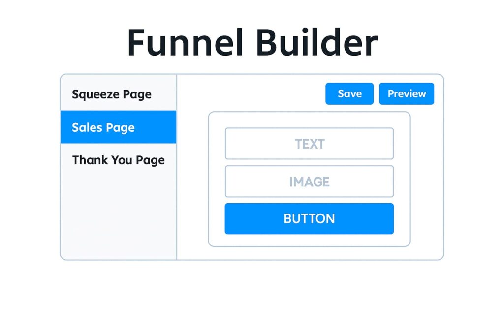 systeme.io funnel builder with drag-and-drop editor, funnel steps on the left, and preview area on the right

