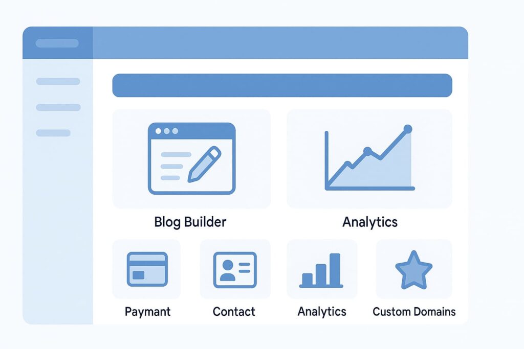 “Systeme.io dashboard illustration showing blog builder, analytics, payment integration, contact management, and custom domain icons in a clean flat UI design with soft blue and white colors.”