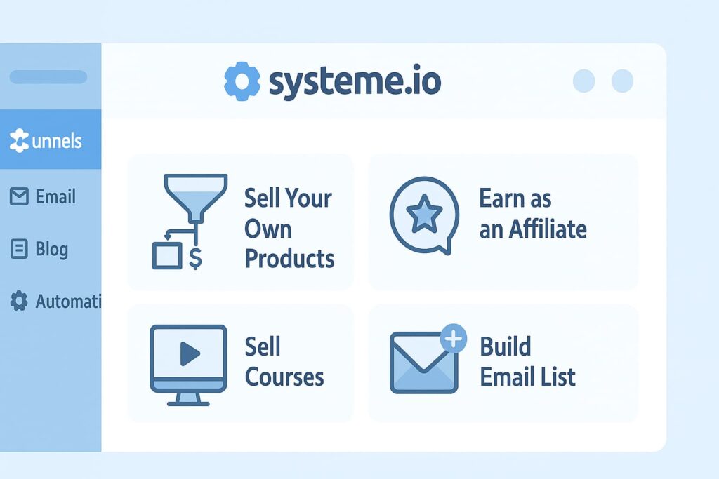 Systeme.io dashboard illustration in soft blue and white showing icons for selling products, earning as an affiliate, selling courses, and building an email list in a clean flat SaaS layout