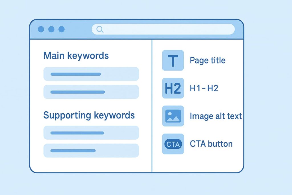 “Systeme.io SEO keyword strategy illustration showing a blog editor layout with highlighted sections for main and supporting keywords, page title, H1-H2 headings, image alt text, and CTA buttons in a clean flat UI design with soft blue and white colors.”