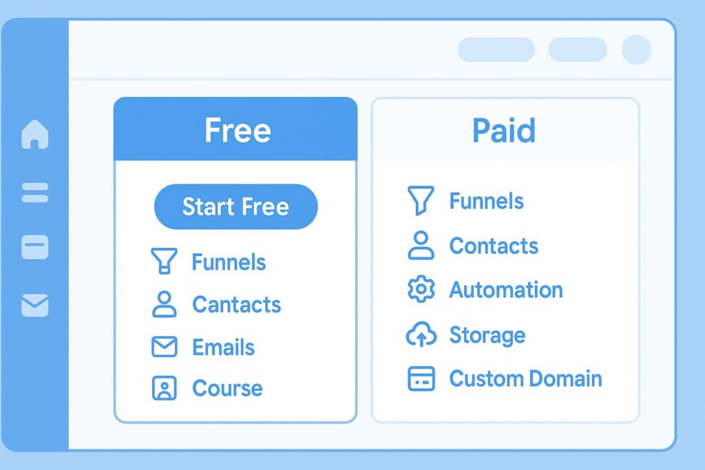 “Systeme.io pricing table illustration showing a clear comparison between Free and Paid plans with icons for funnels, contacts, automation, storage, and custom domain — clean flat SaaS dashboard layout in soft blue and white colors, highlighting the free plan.”